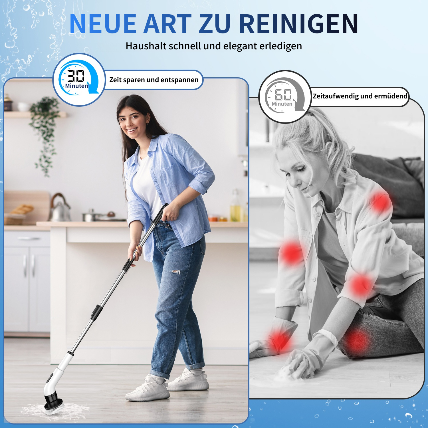 Frau reinigt Boden mit elektrischer Bürste, spart Zeit. Andere Frau leidet unter Schmerzen.