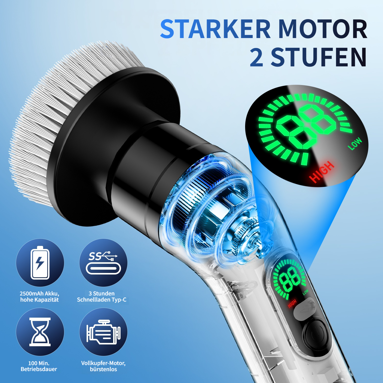 Elektrische Bürste mit starkem Motor, 2 Stufen, Akku, Ladeanzeige.
