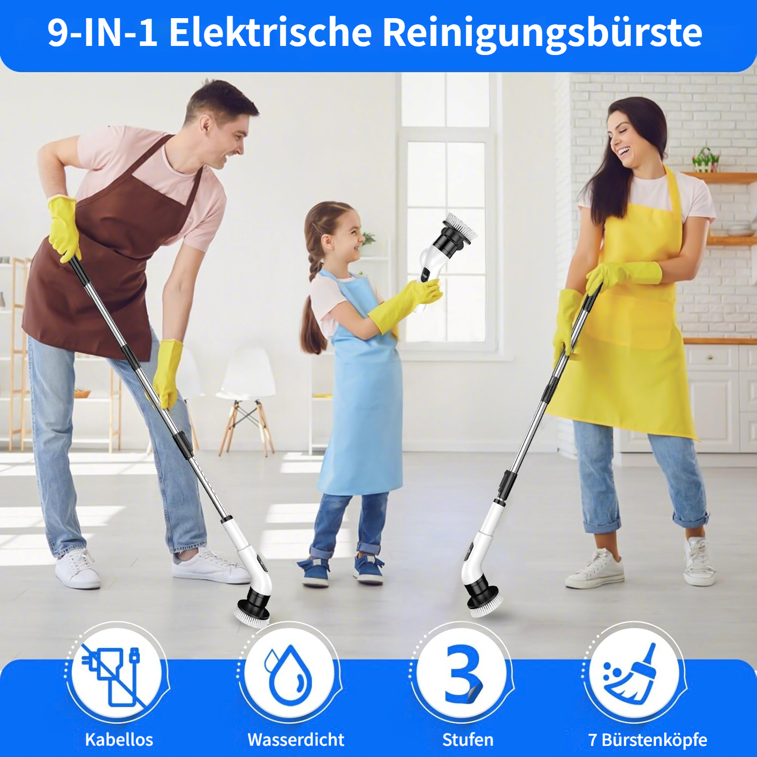 Familie putzt mit elektrischer Bürste. Vater, Kind und Mutter lächeln.