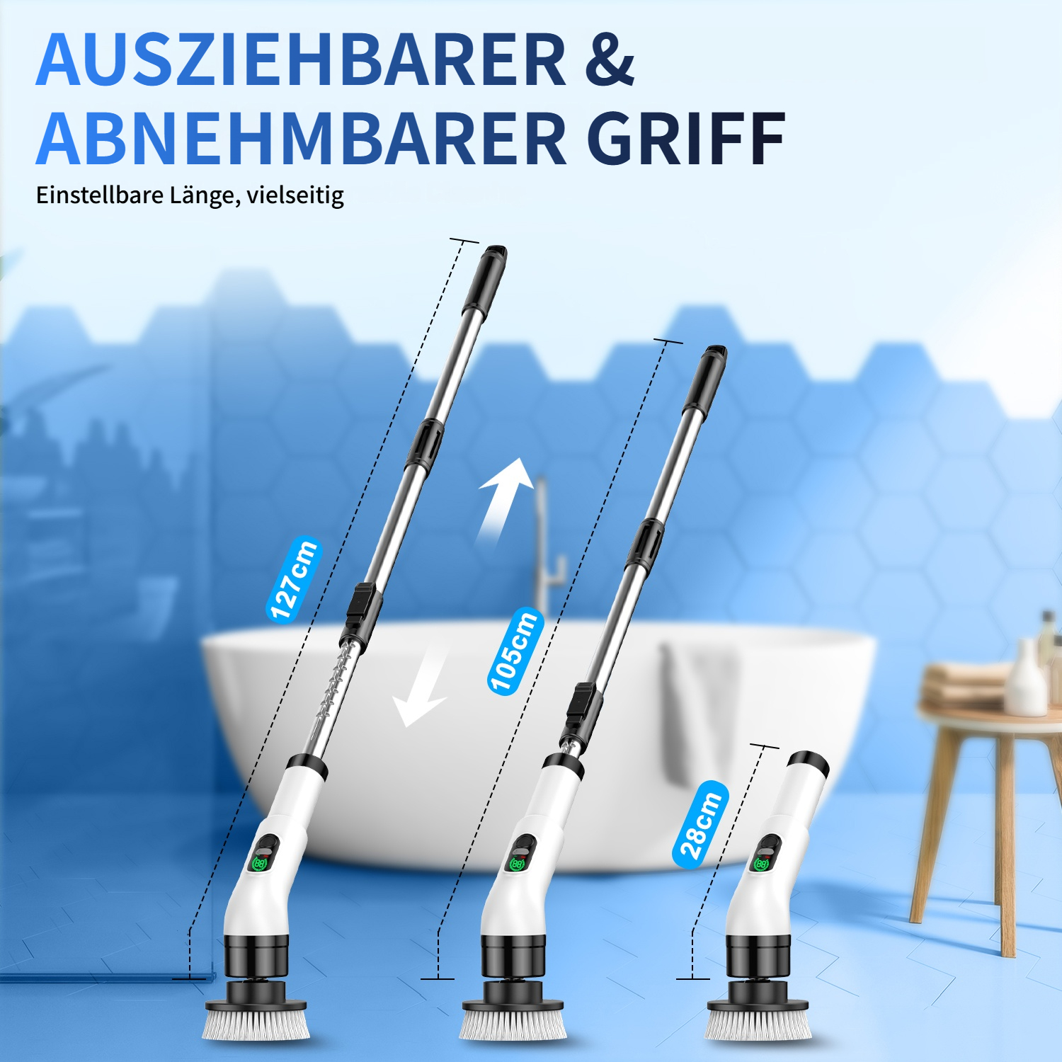 Ein ausziehbarer Griff in drei Längen: 127cm, 105cm und 28cm.