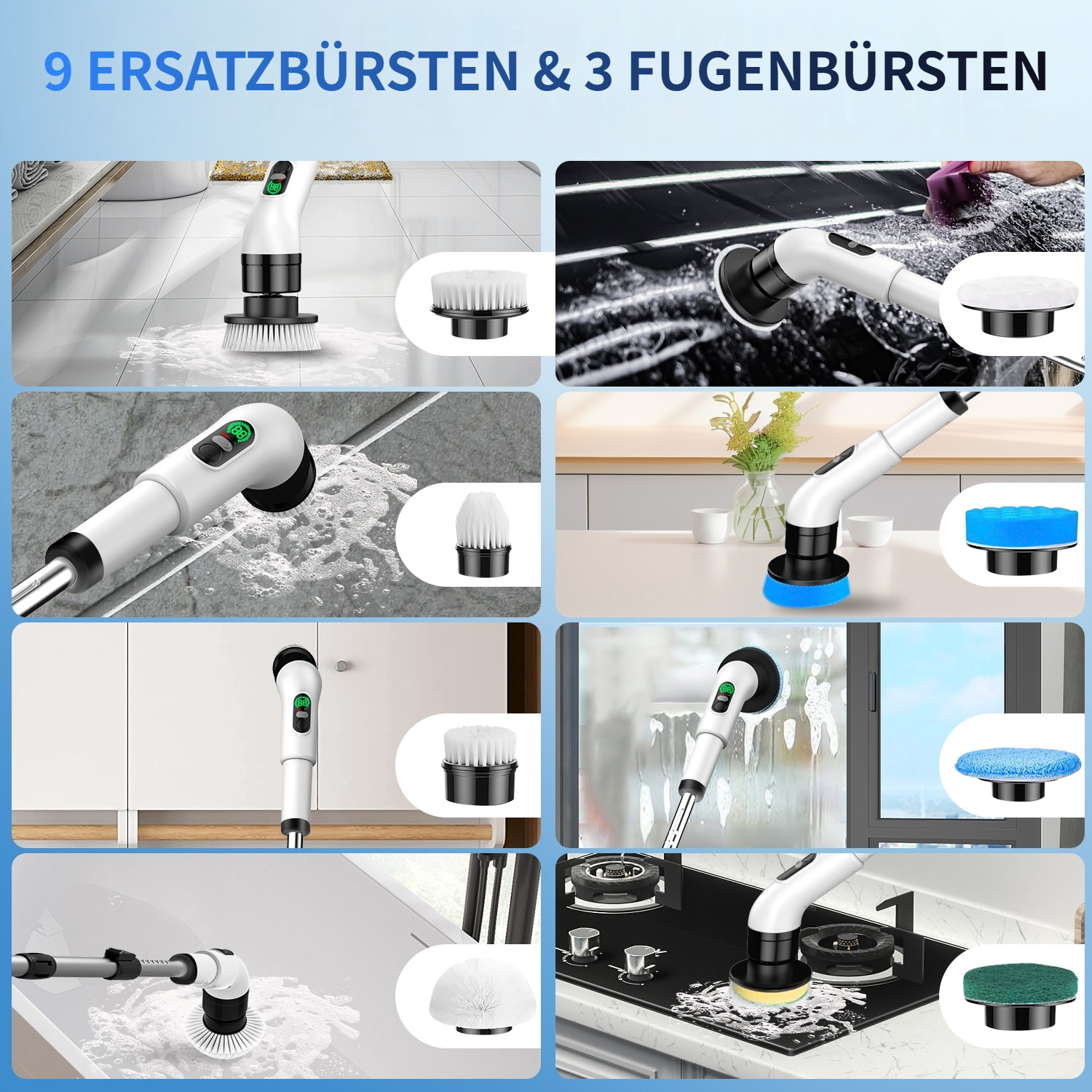 Elektrische Bürste reinigt Bad, Fenster, Herd und mehr mit verschiedenen Aufsätzen.