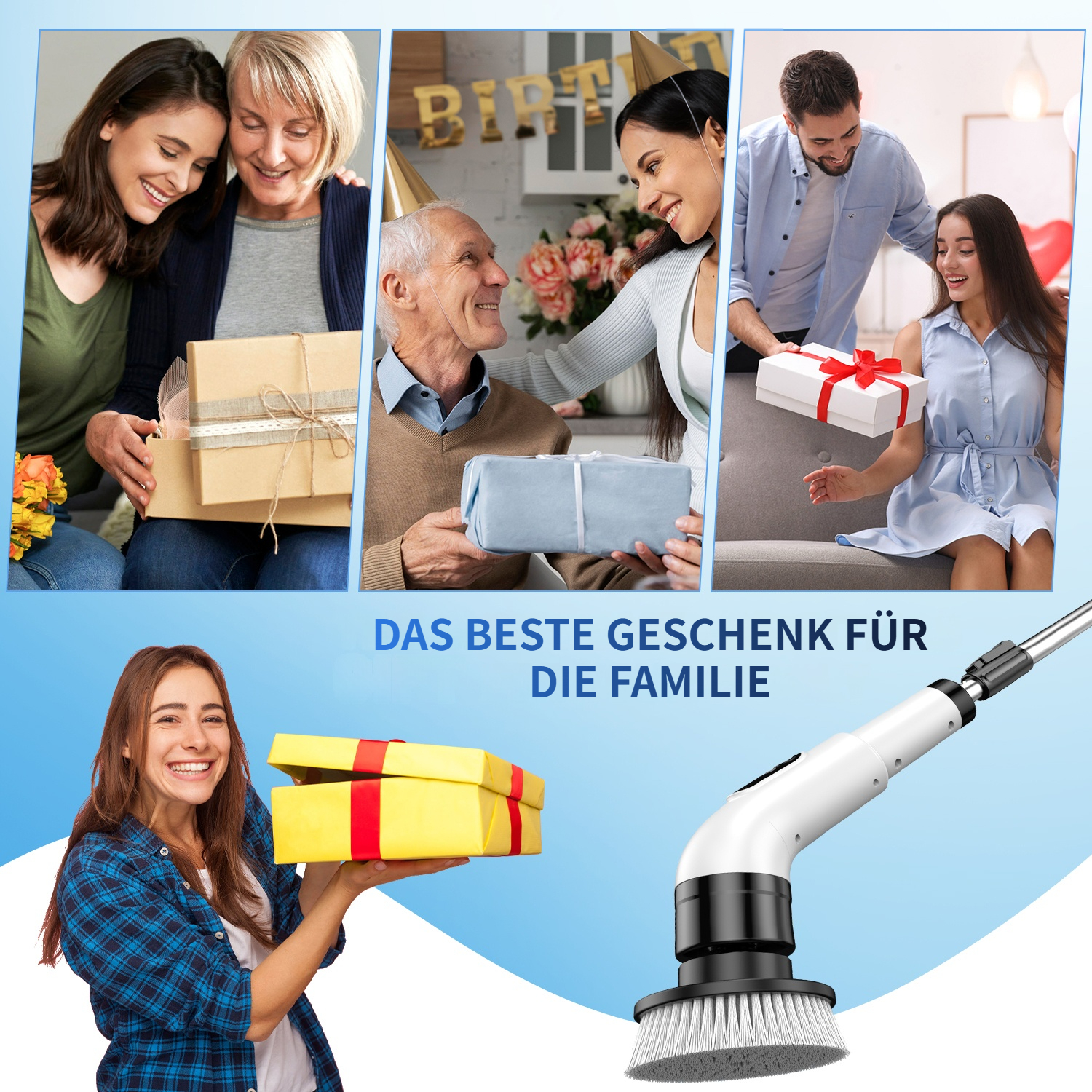 Collage von Menschen, die Geschenke erhalten und geben, mit einem Reinigungswerkzeug.