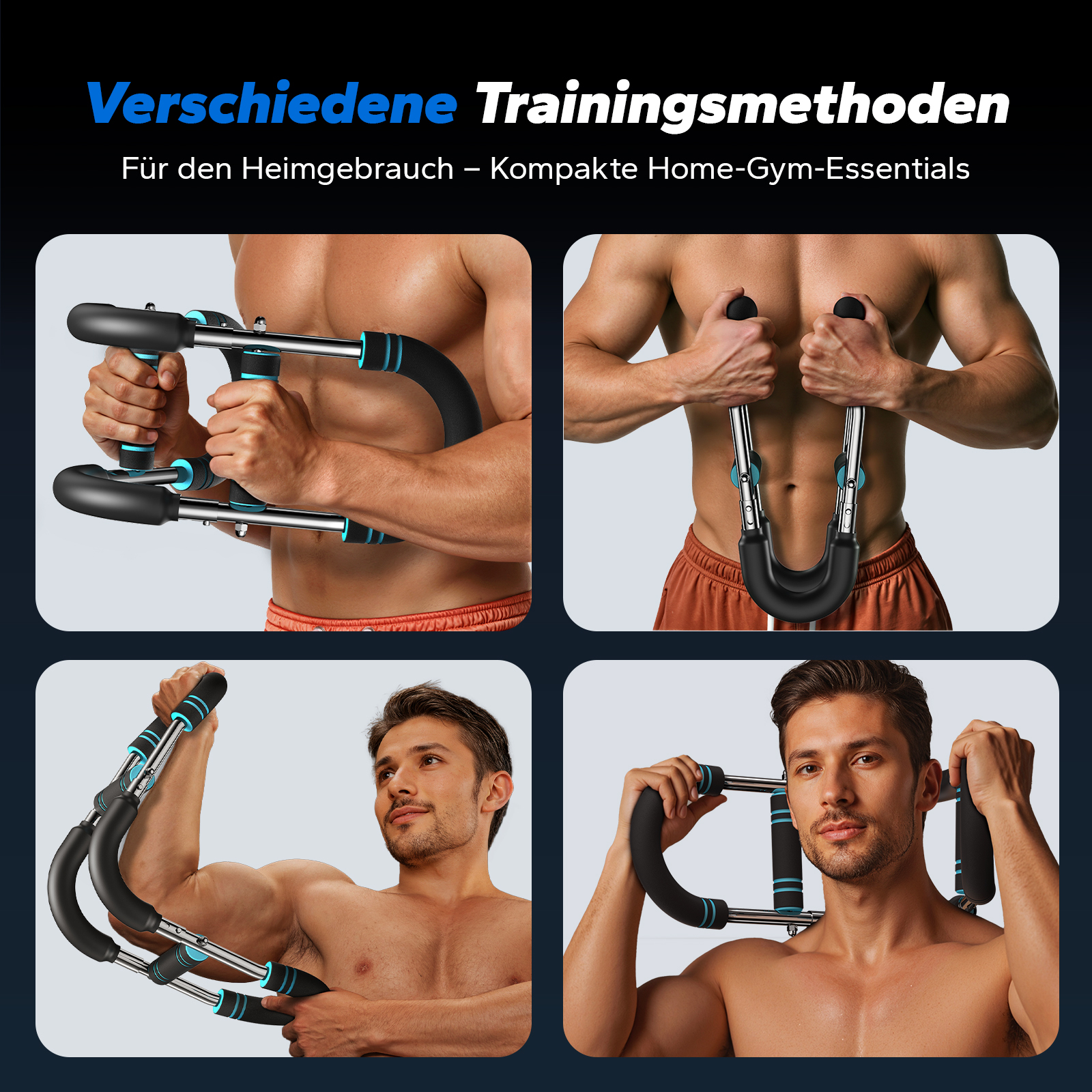 Vier Bilder von Männern, die ein blau-schwarzes Trainingsgerät für Heimübungen benutzen.