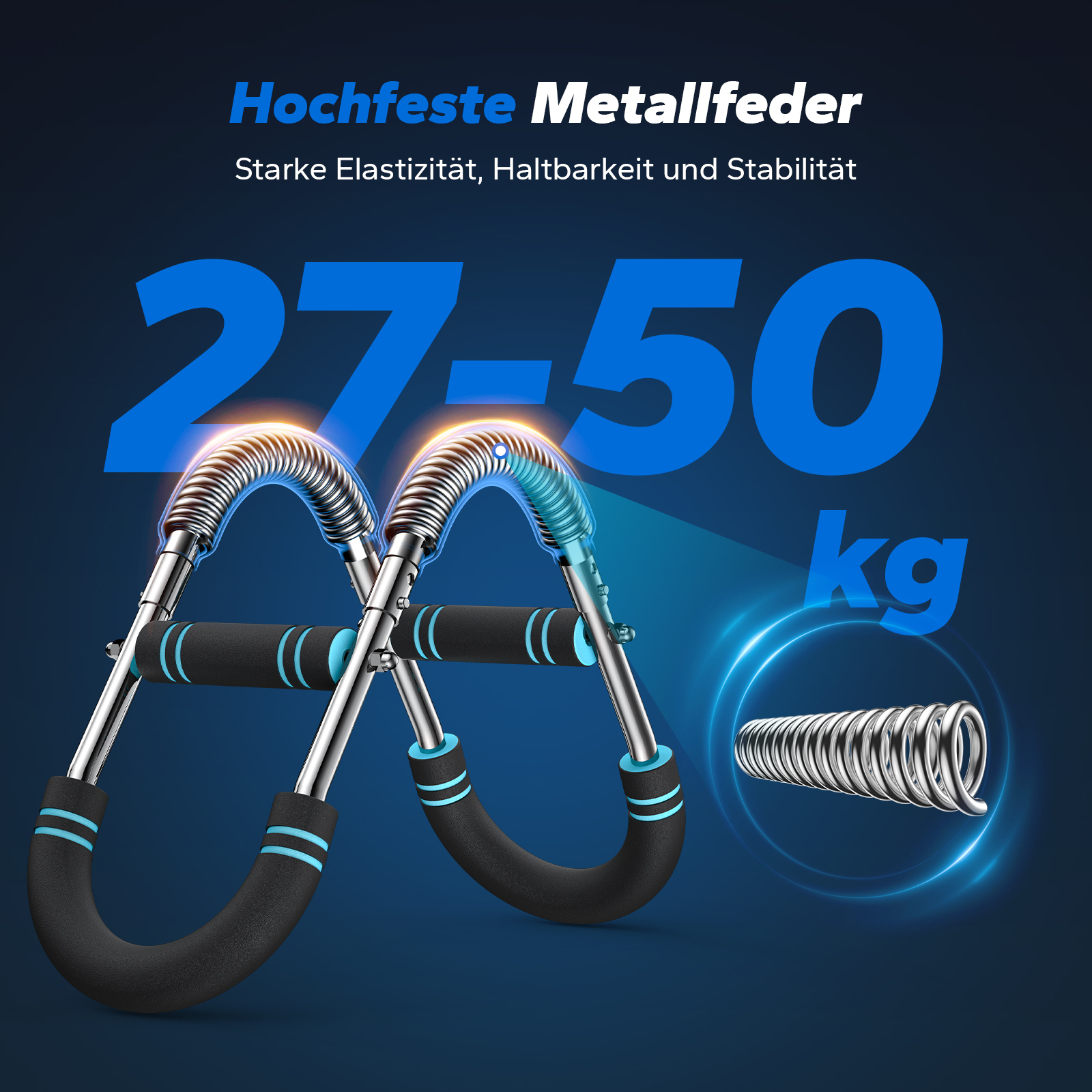 Ein schwarz gepolsterter Krafttrainer mit Stahlfedern, der 27-50 kg bewältigt.