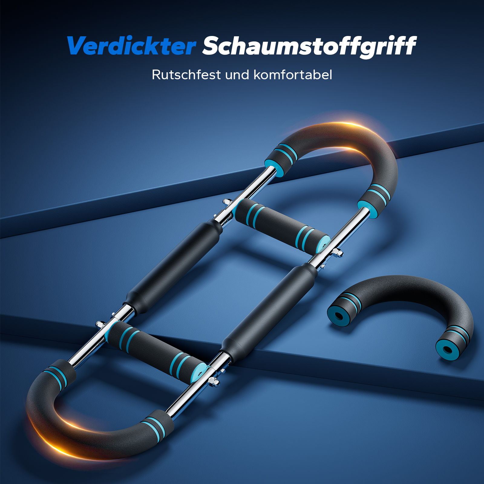 Ein Fitnessgerät mit schwarzen Schaumstoffgriffen und blauen Akzenten auf blauem Hintergrund.