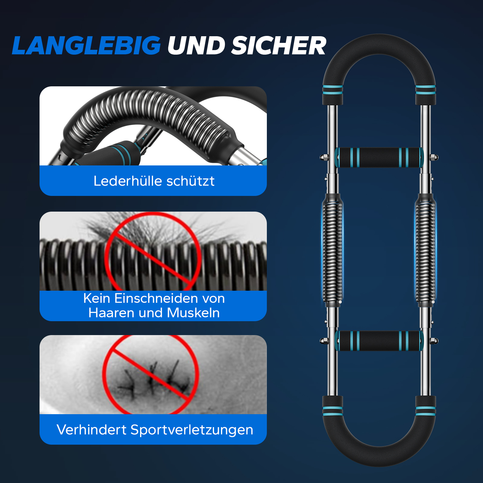 Ein Handtrainer aus Metall mit schwarzen Griffen und blauen Akzenten.