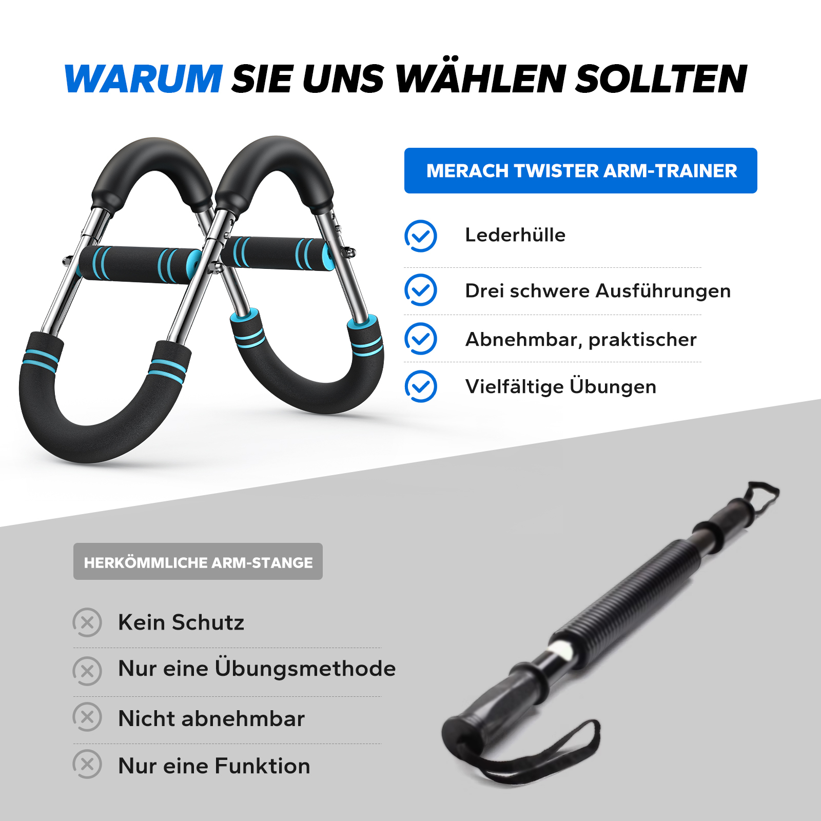 Ein Armtrainer mit schwarzen Griffen und blauen Akzenten, daneben aufgelistete Vorteile.