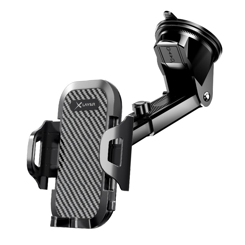 Ein schwarzer Auto-Handyhalter mit Saugnapf und XLayer-Logo auf karbongrauer Oberfläche.