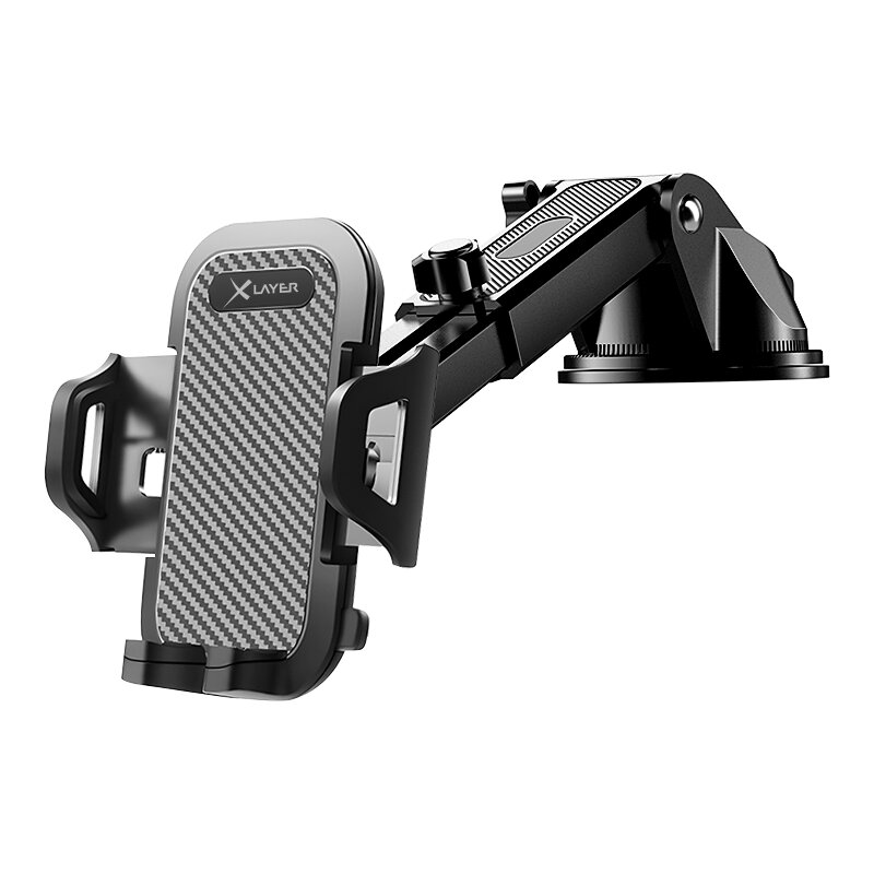 Ein schwarzer Handyhalter mit Saugnapf und verstellbarem Arm auf weißem Hintergrund.