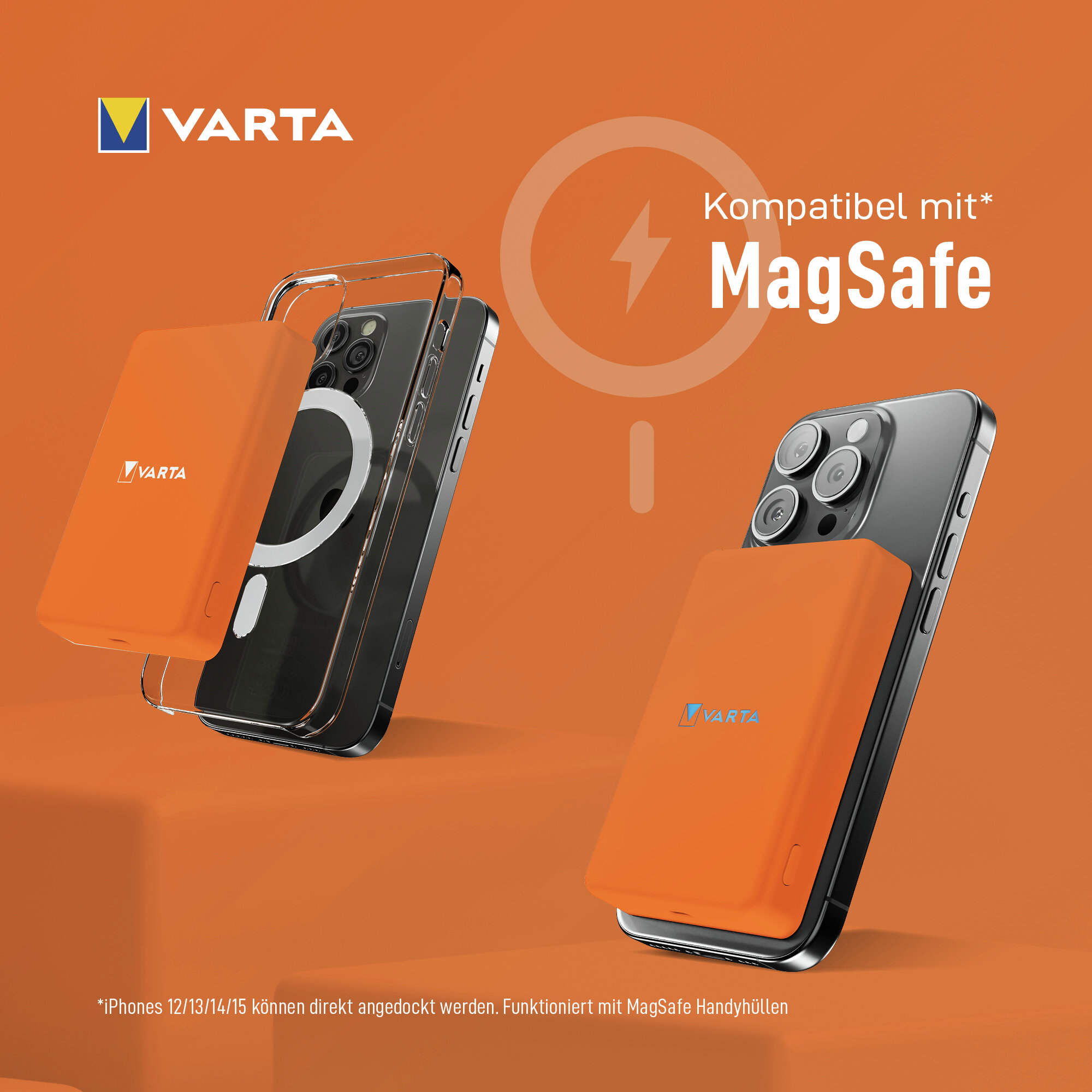 Varta MagSafe Ladegerät und iPhone mit Hülle, orange und grau.