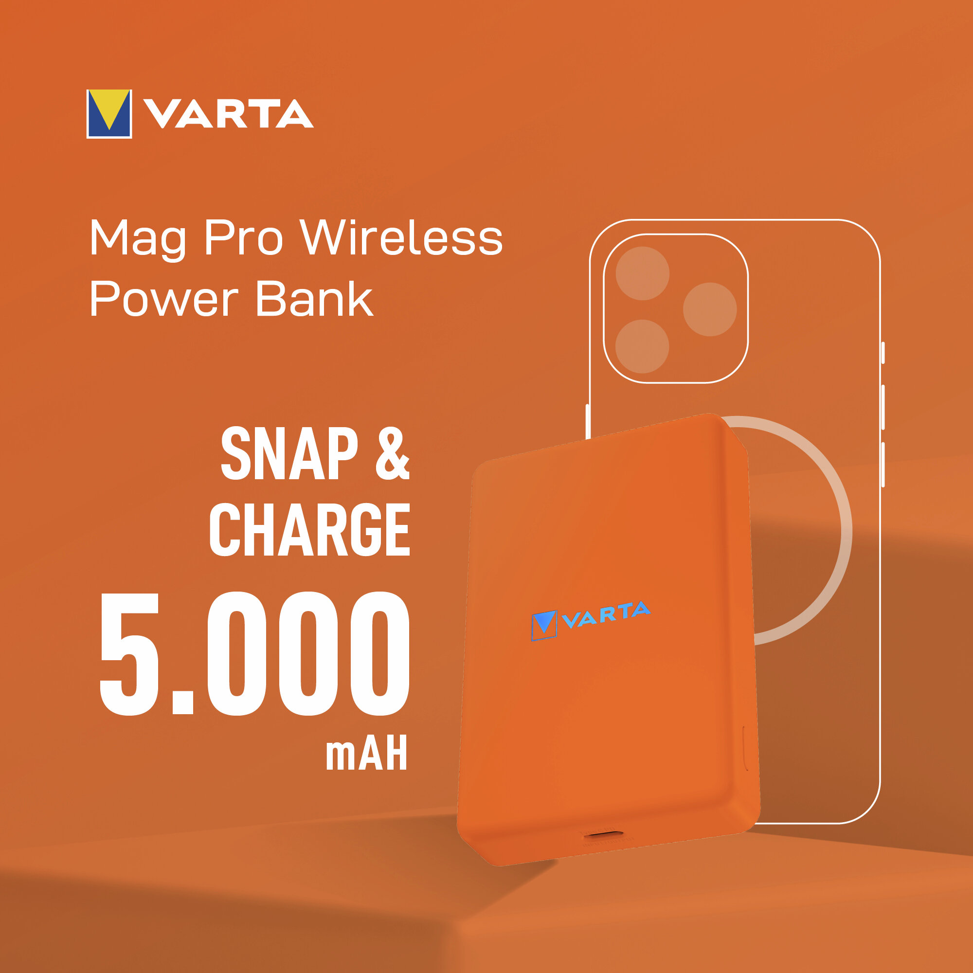 Orange Varta Powerbank mit 5000 mAh Kapazität und Smartphone-Grafik.