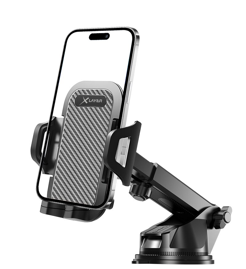 Ein schwarzer Handyhalter mit Carbon-Muster und Saugnapf