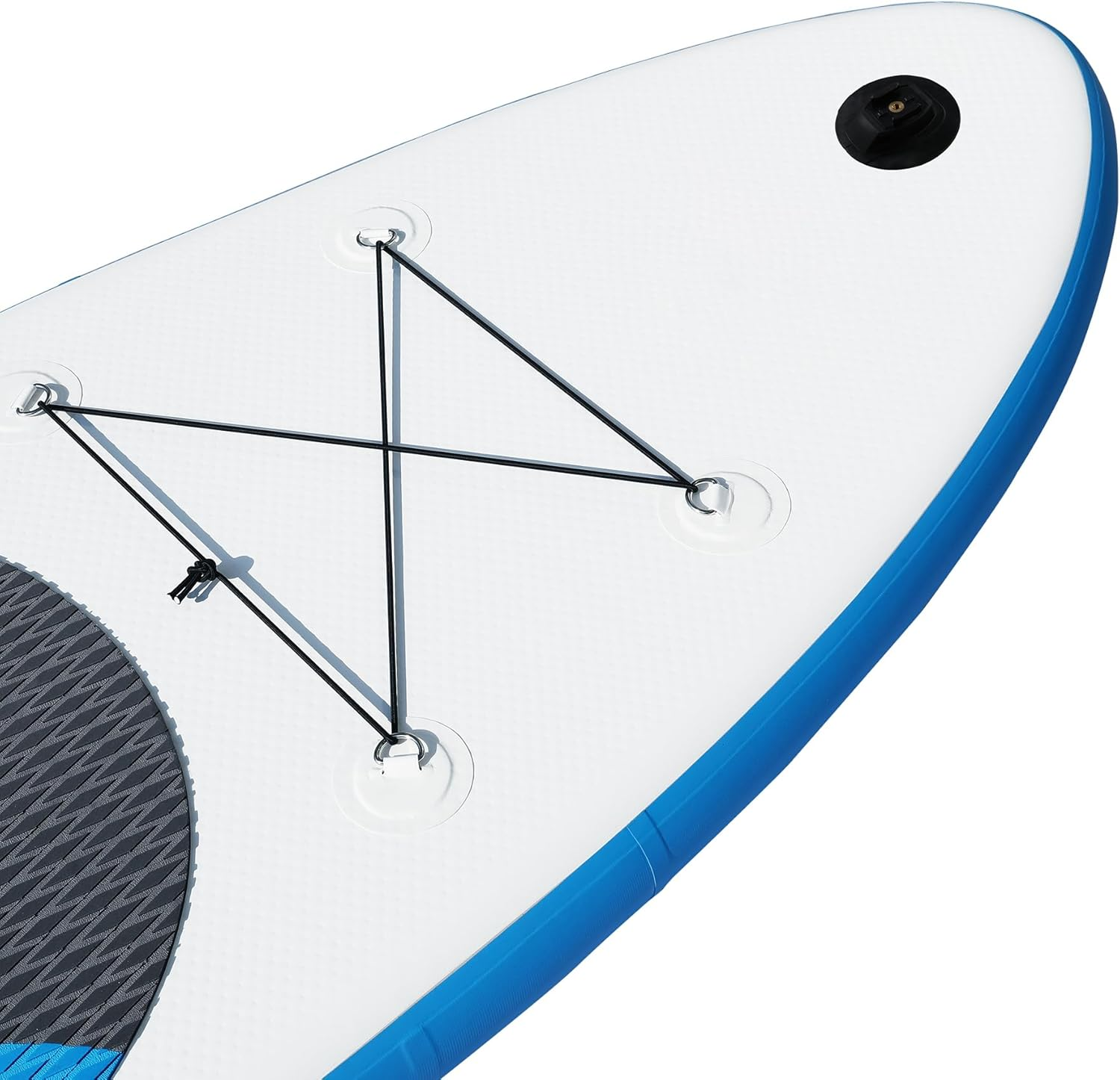 Oberseite eines weißen Stand-Up-Paddleboards mit blauer Kante und schwarzen Bungee-Seilen.