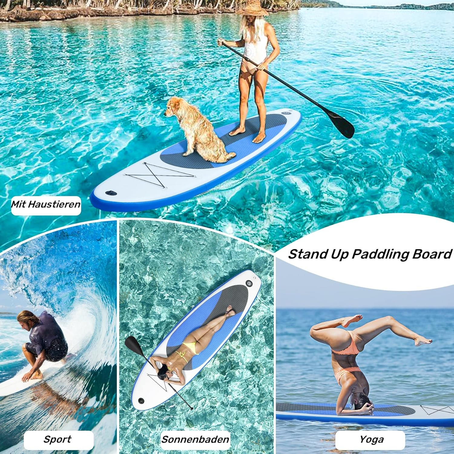 Eine Frau auf einem SUP-Board mit Hund, ein Surfer, eine Frau auf einem SUP-Board und eine Yoga-Pose.