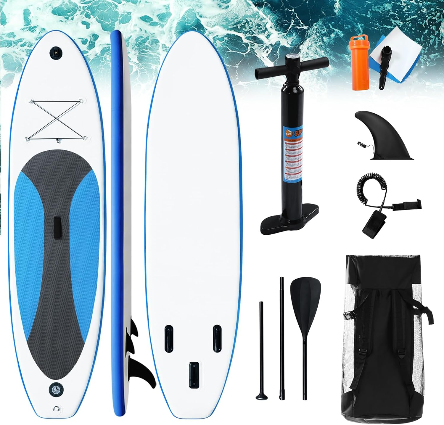 Aufblasbares SUP-Board mit Pumpe, Paddel, Flosse, Leine und Tasche.