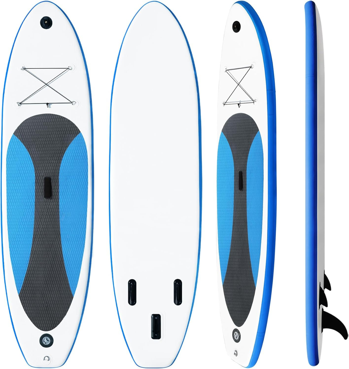 Ein aufblasbares Stand-Up-Paddleboard in Weiß mit blauen Rändern, Griffen und einer Antirutschmatte.