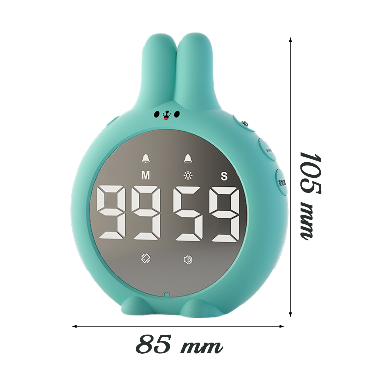 Ein türkisfarbener Timer in Hasenform mit digitaler Anzeige und Ohren.