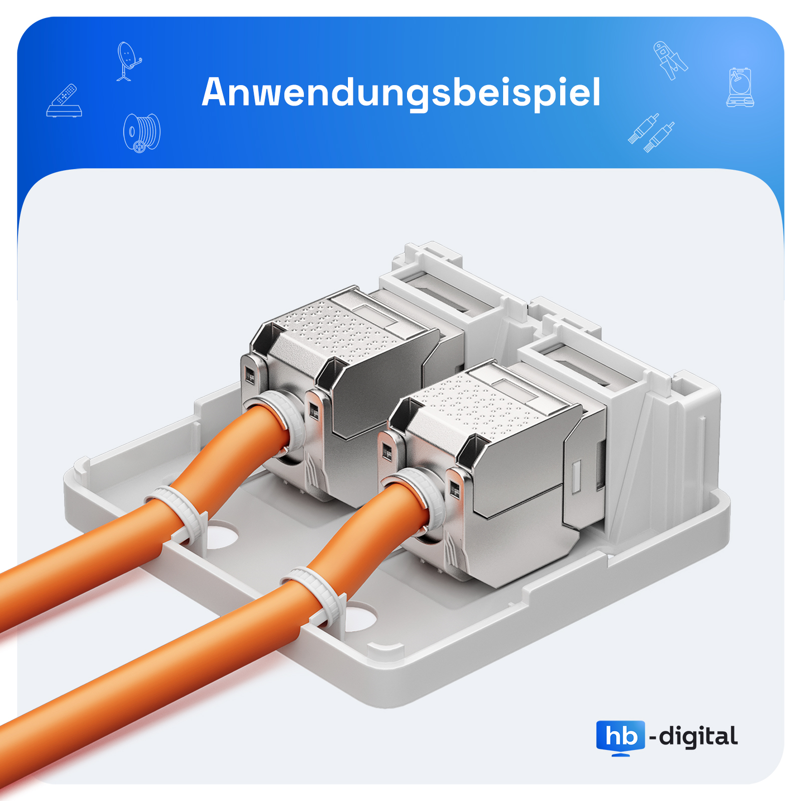 Zwei orangefarbene Kabel in einem weißen Anschlussstück, mit Metallsteckern.