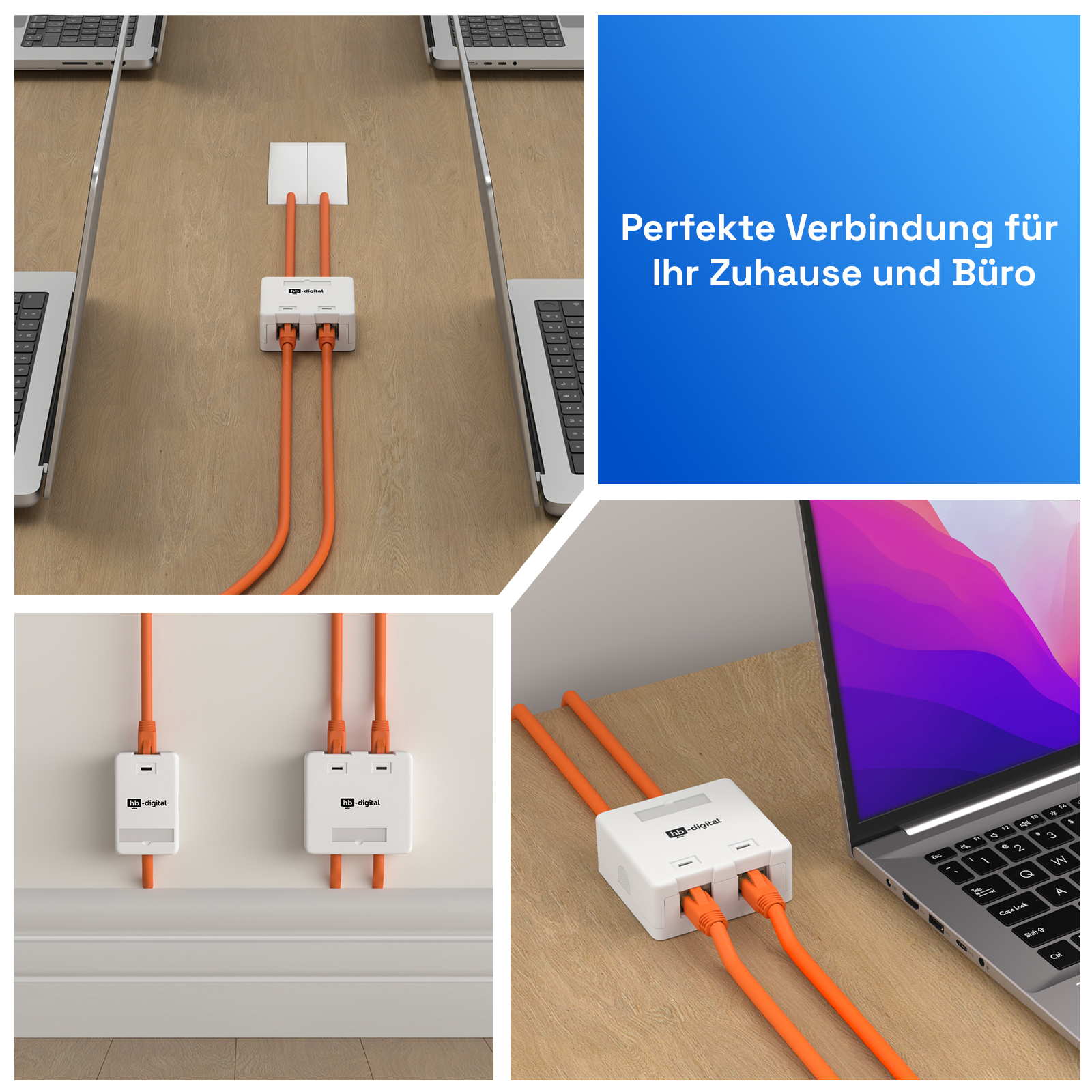 Weiße Netzwerk-Splitter mit orangen Kabeln an Laptops, an Wand und Tisch.