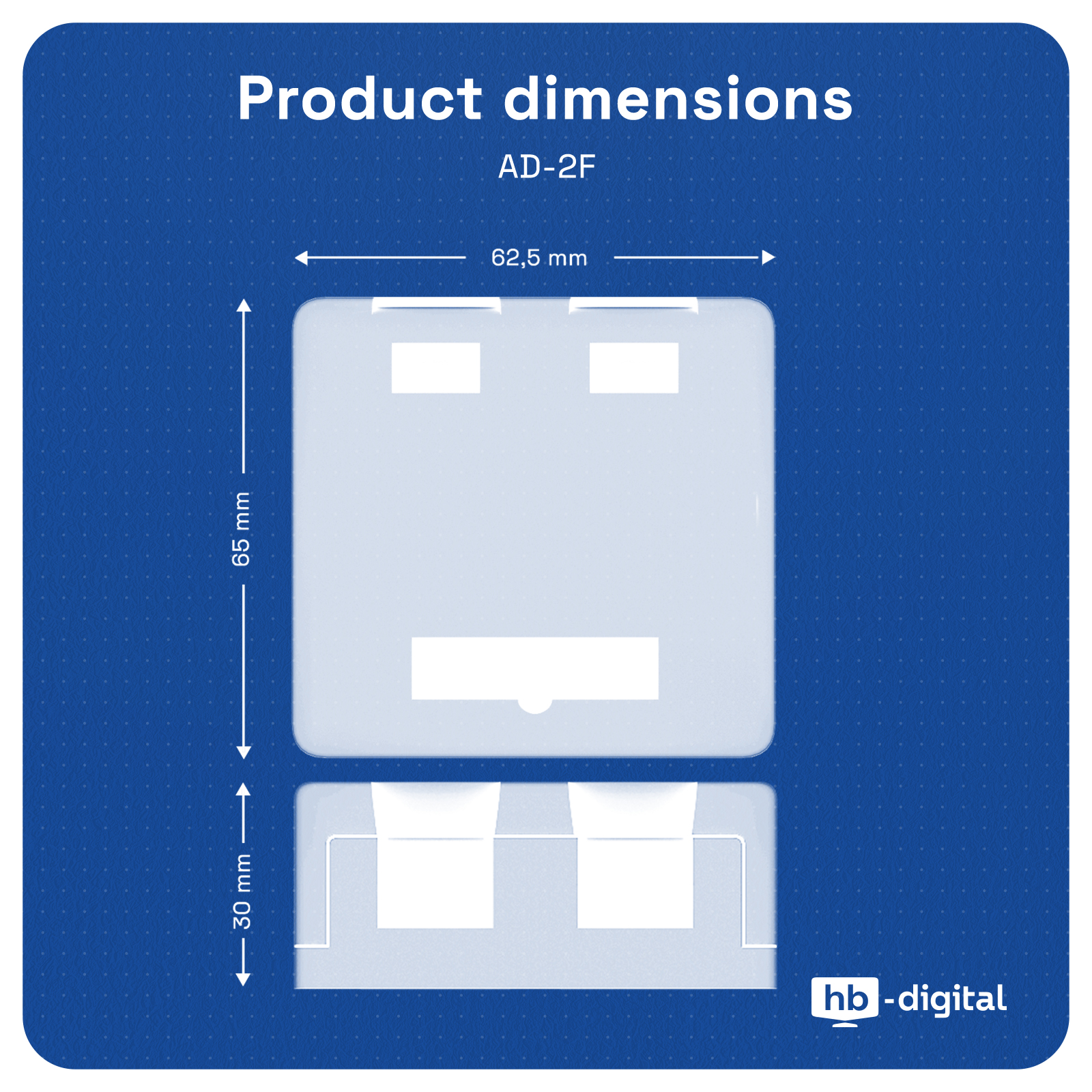 Produktdiagramm mit Maßen: 62,5 mm Breite, 65 mm Höhe, 30 mm Tiefe.