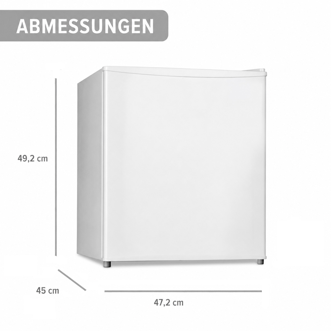 Weiße Mini-Kühlschrank-Maße: 49,2 cm H, 47,2 cm B, 45 cm T.