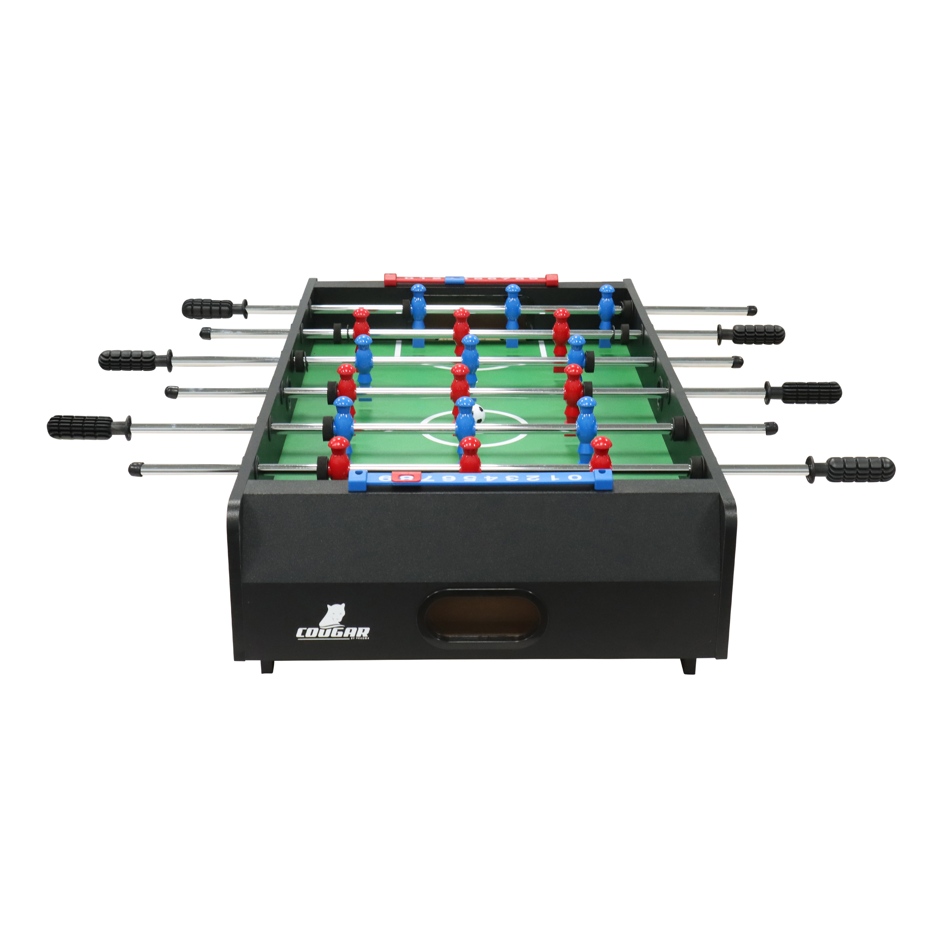 Ein schwarzer Tischfußballtisch mit grüner Spielfläche und roten/blauen Spielern.