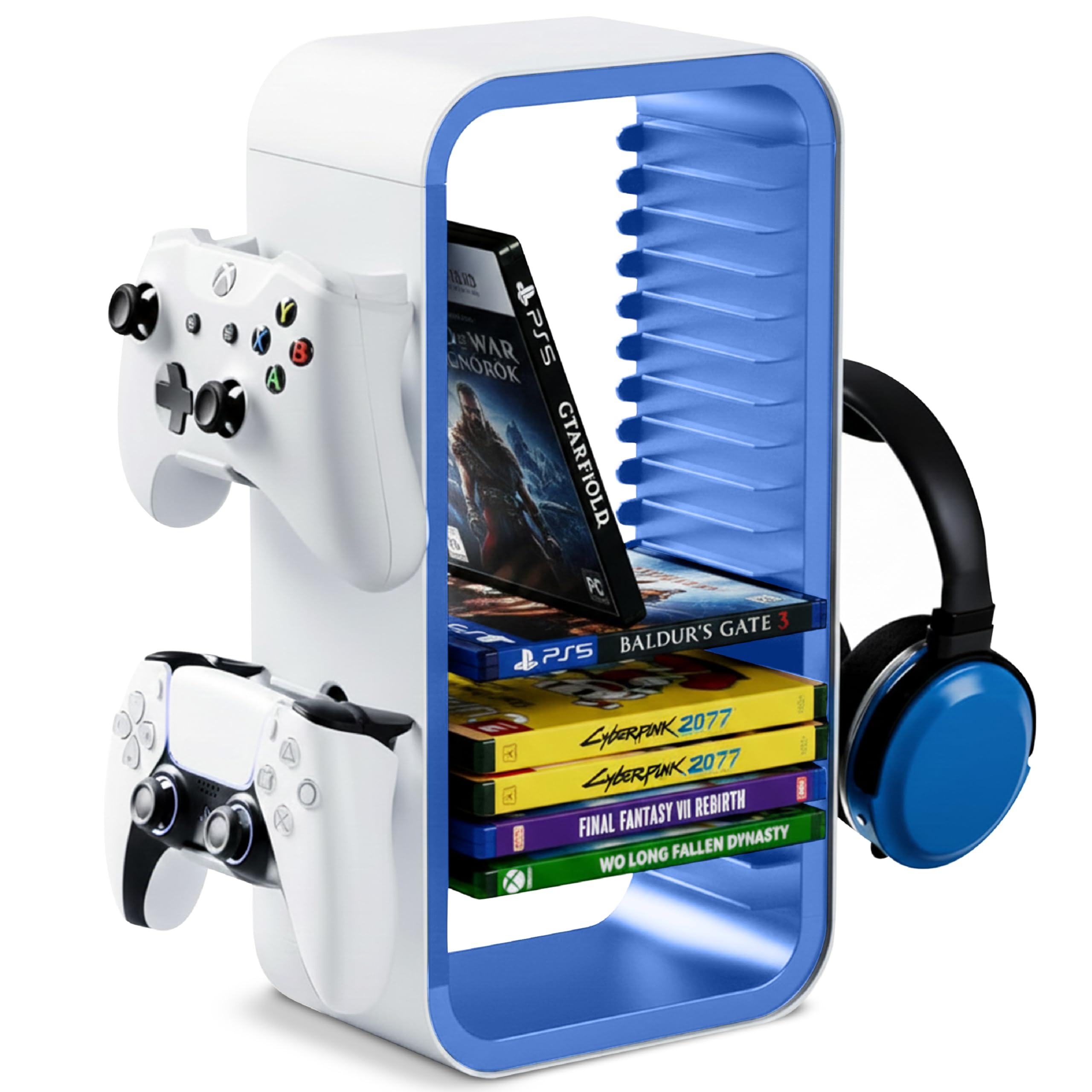 Ein weißer und blauer Ständer mit zwei Controllern, Spielen und Kopfhörern.
