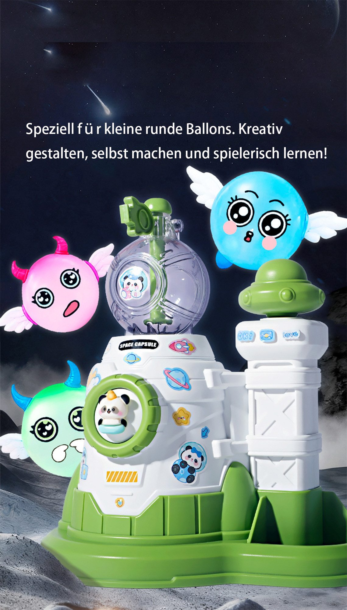 Spielzeug-Raumkapsel mit bunten Ballons in Sternen-Optik.
