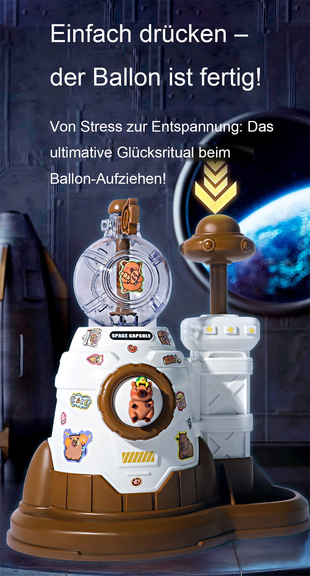 Ein Spielzeug-Ballonaufblasgerät mit Bären-Aufklebern und Weltraum-Thema.