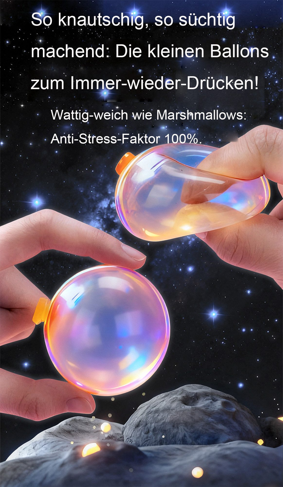 Hände drücken auf glänzende, weiche Ballons im Weltall.
