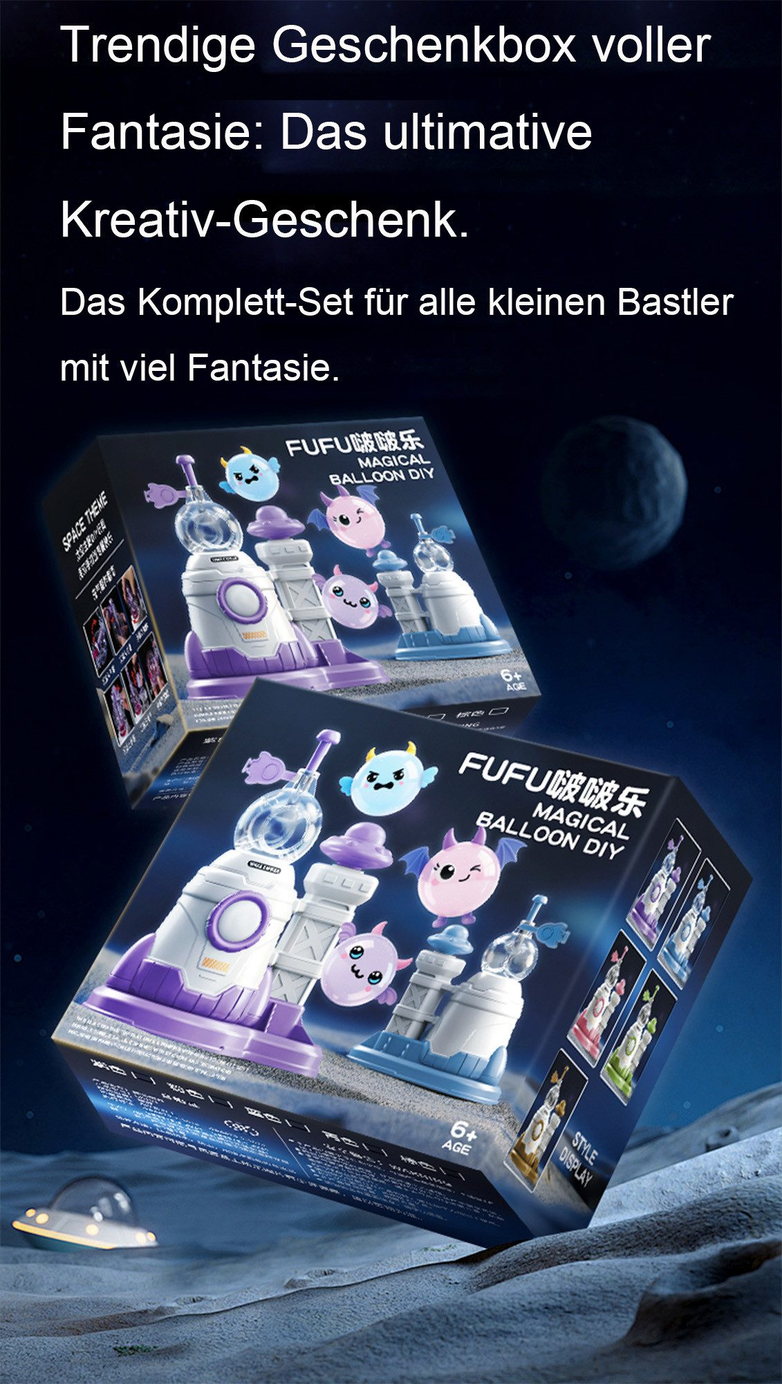 Zwei bunte Verpackungen für ein DIY-Ballon-Set mit fantasievollen Figuren und Raketen.
