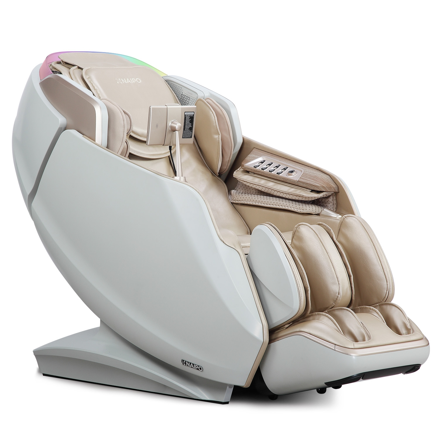 Ein moderner, beiger Massagesessel mit weißer Außenschale und LED-Licht.