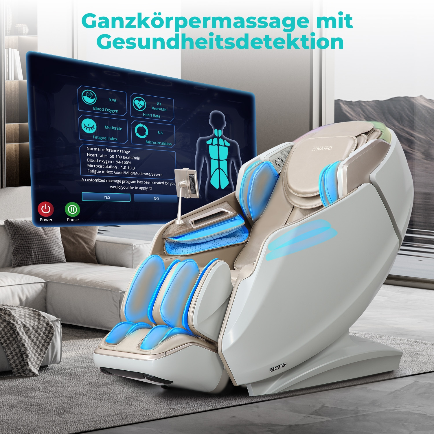 Massagesessel mit Gesundheitsdetektion und Bildschirm zeigt Vitalwerte an.
