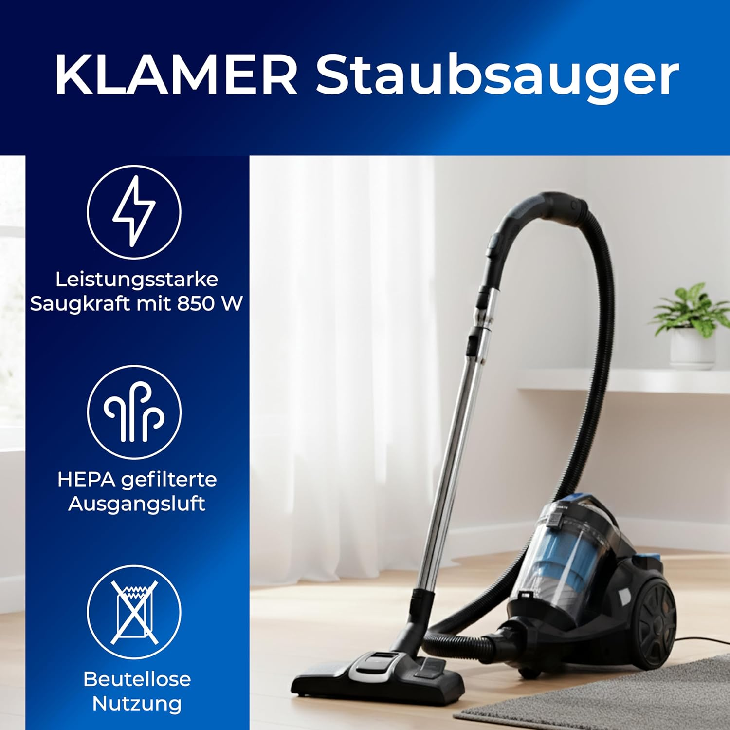 Ein schwarzer Bodenstaubsauger mit silbernem Rohr und Schlauch liegt auf einem grauen Teppich.