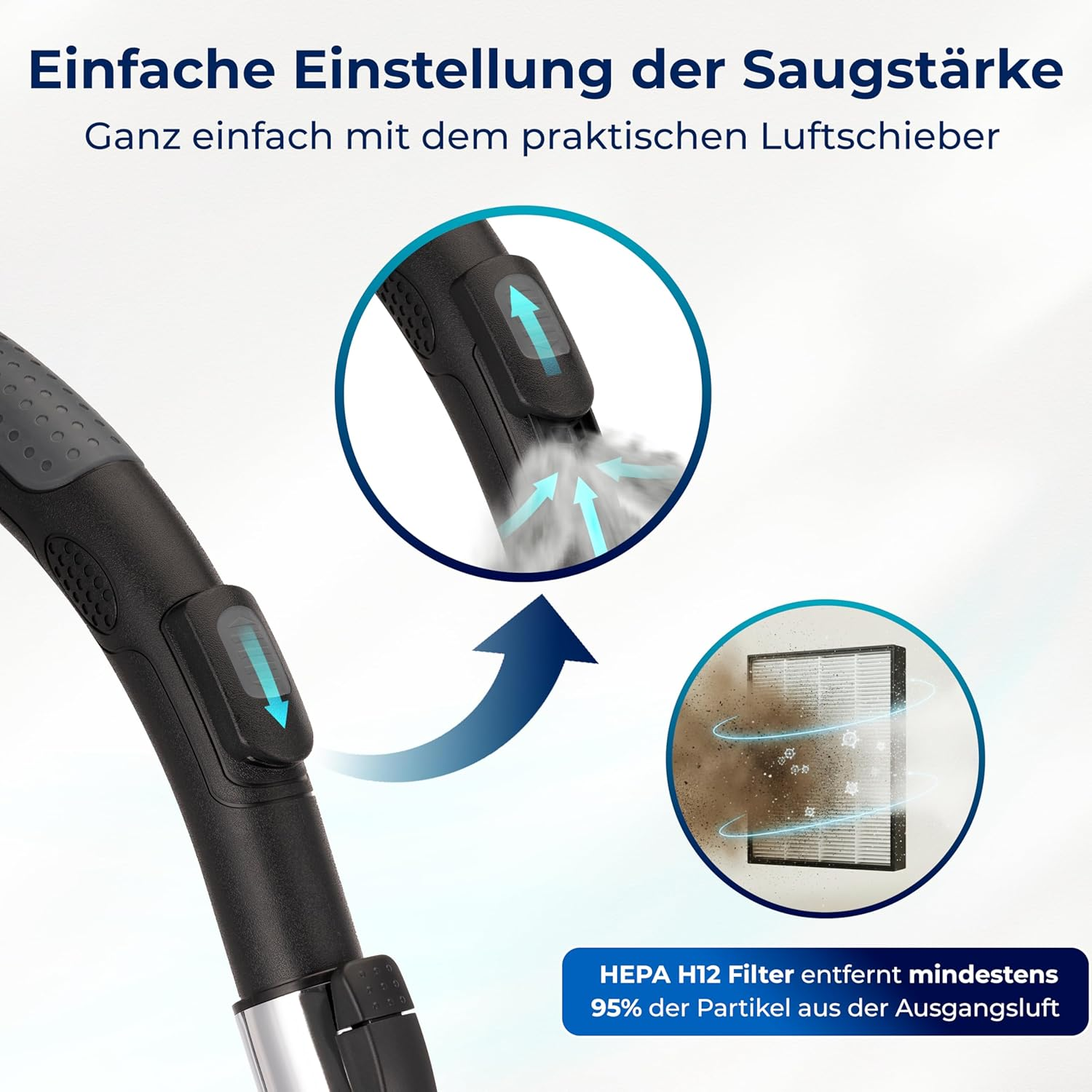 Staubsaugergriff mit Luftregler und HEPA-Filter-Detail.
