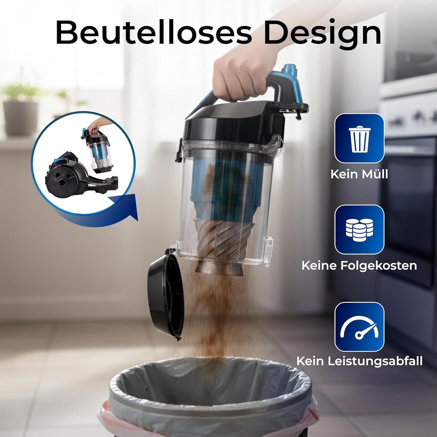 Ein beutelloser Staubsauger leert seinen Behälter in einen Mülleimer.