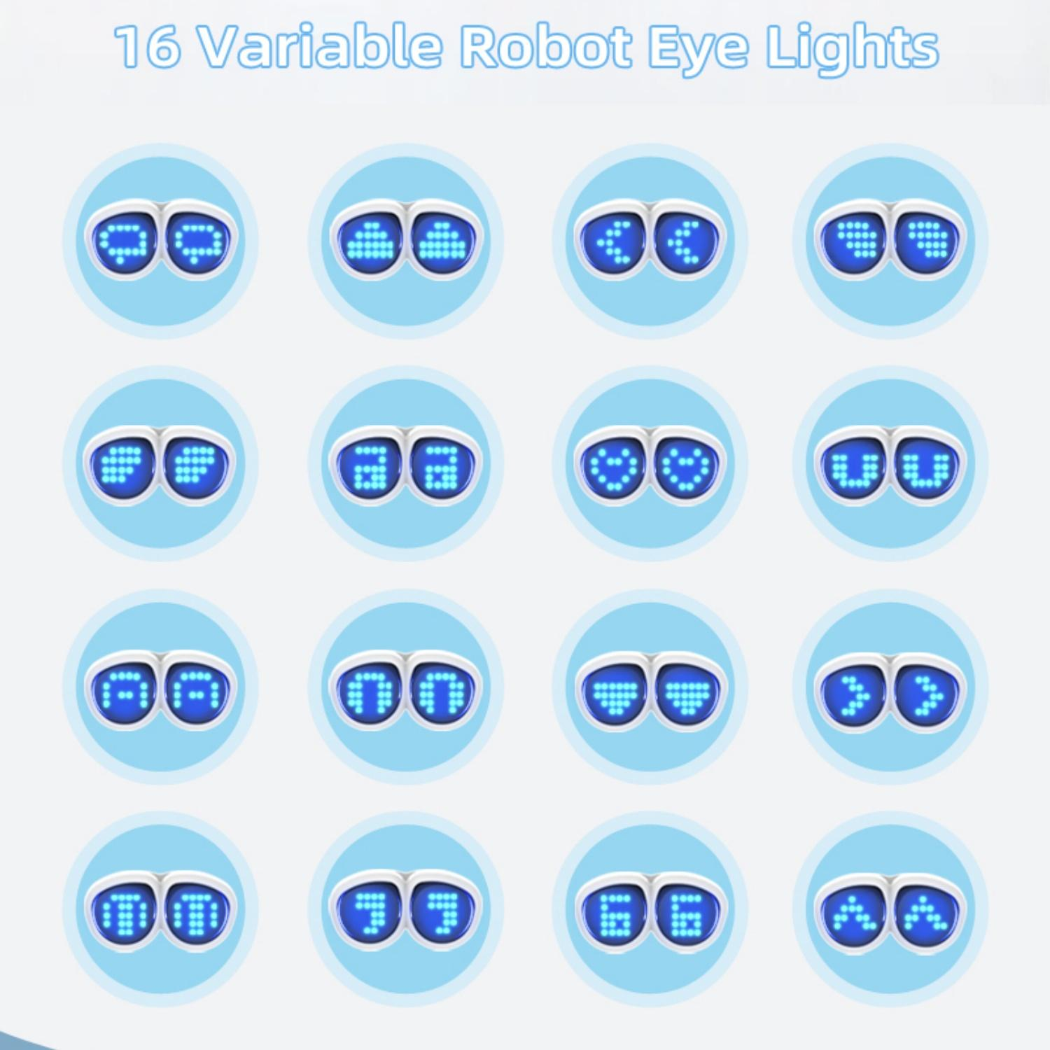 16 blaue Roboter-Augenlichter mit verschiedenen Mustern, darunter Buchstaben, Zahlen und Symbole.