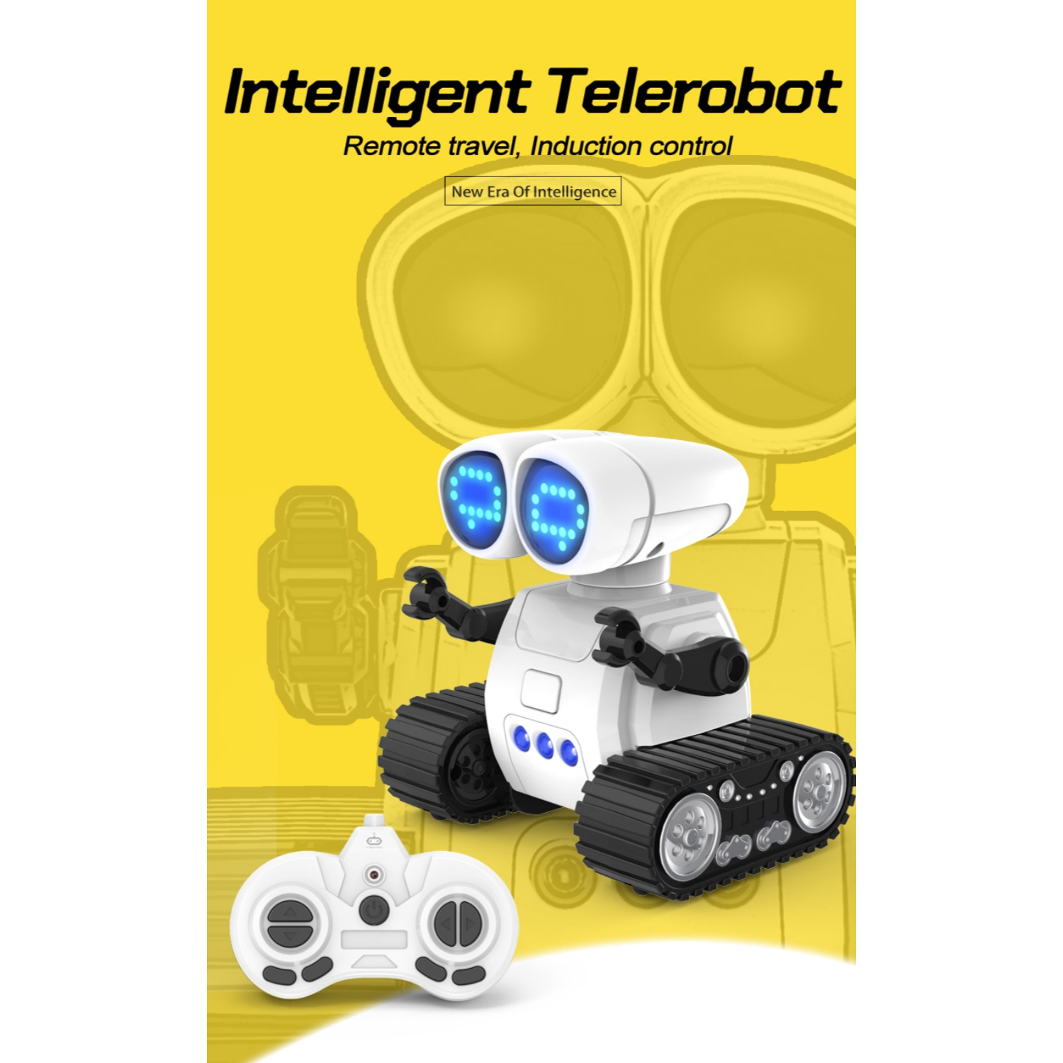 Ein weißer Roboter mit blauen Lichtern und Ketten, mit Fernbedienung.