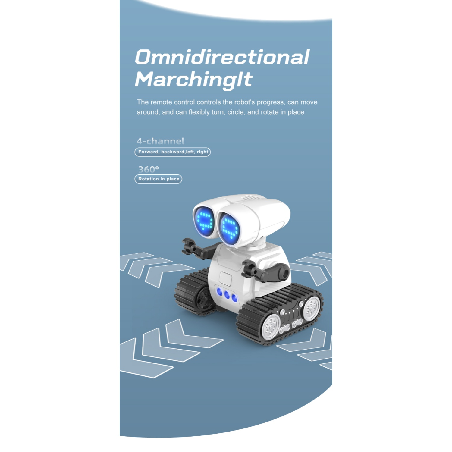 Ein weißer Roboter mit blauen Lichtern und Ketten fährt auf einem blauen Hintergrund.