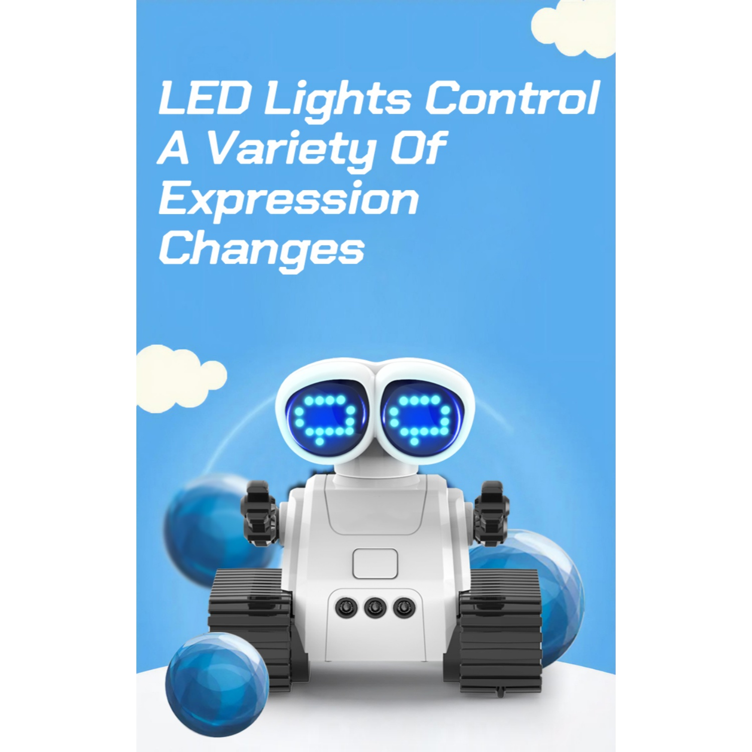 Ein weißer Roboter mit blauen LED-Augen auf Ketten, mit blauen Kugeln.