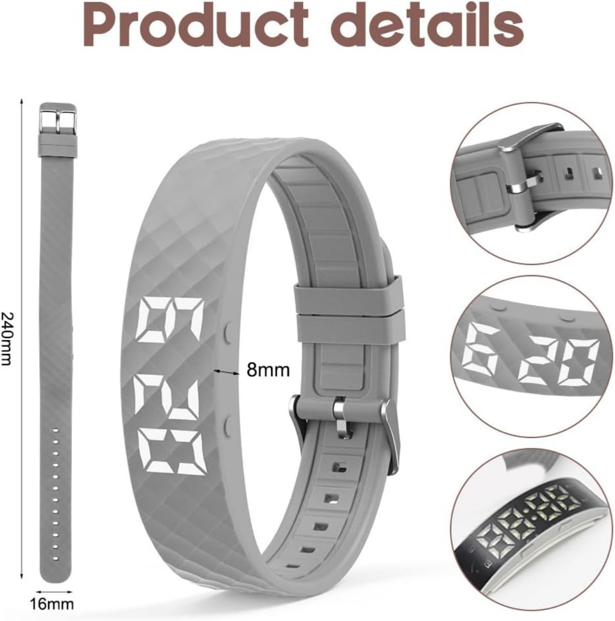 Graue Digitaluhr mit Textur, Maße 240mm, 16mm und 8mm.