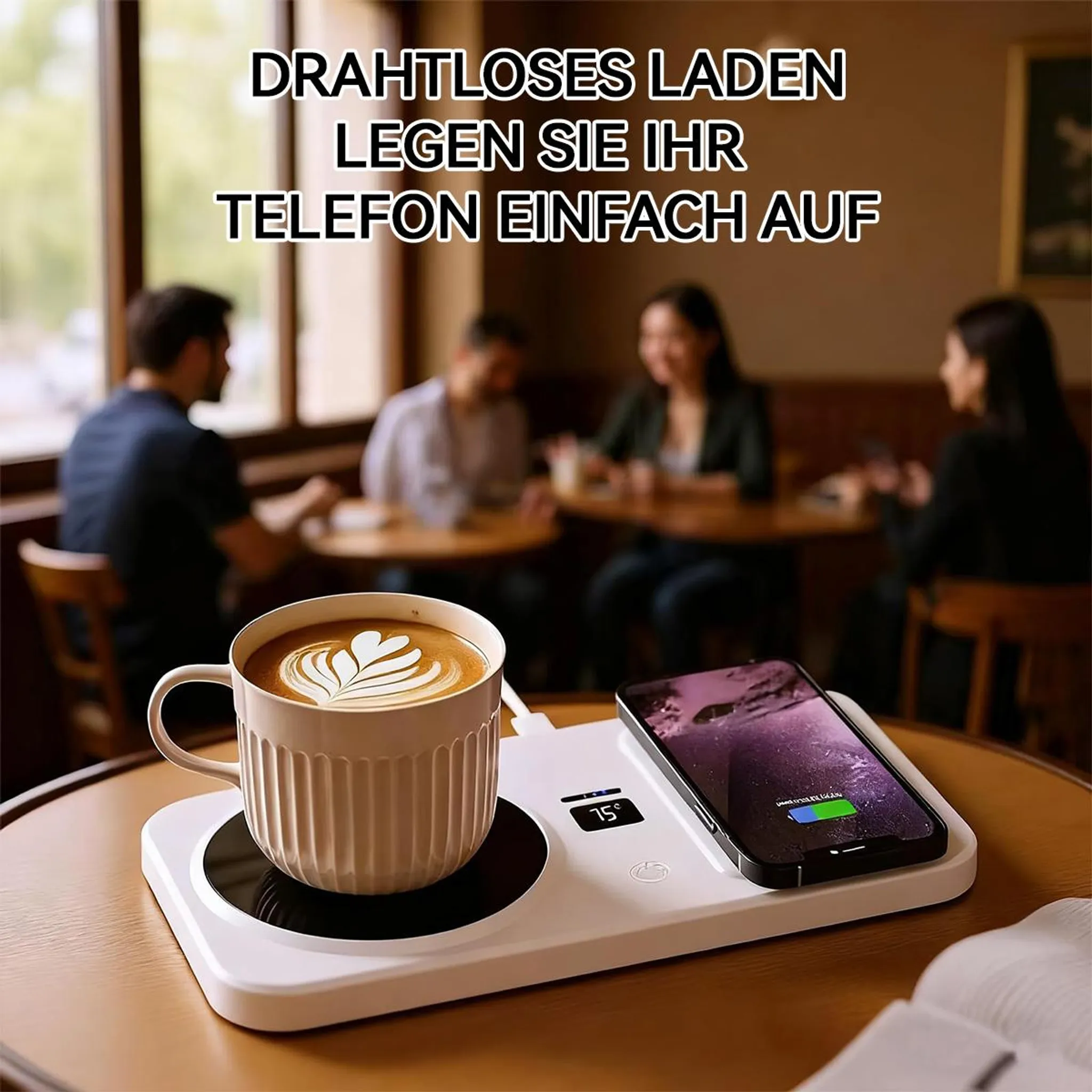 Eine Kaffeetasse und ein Smartphone laden auf einer weißen Ladestation.