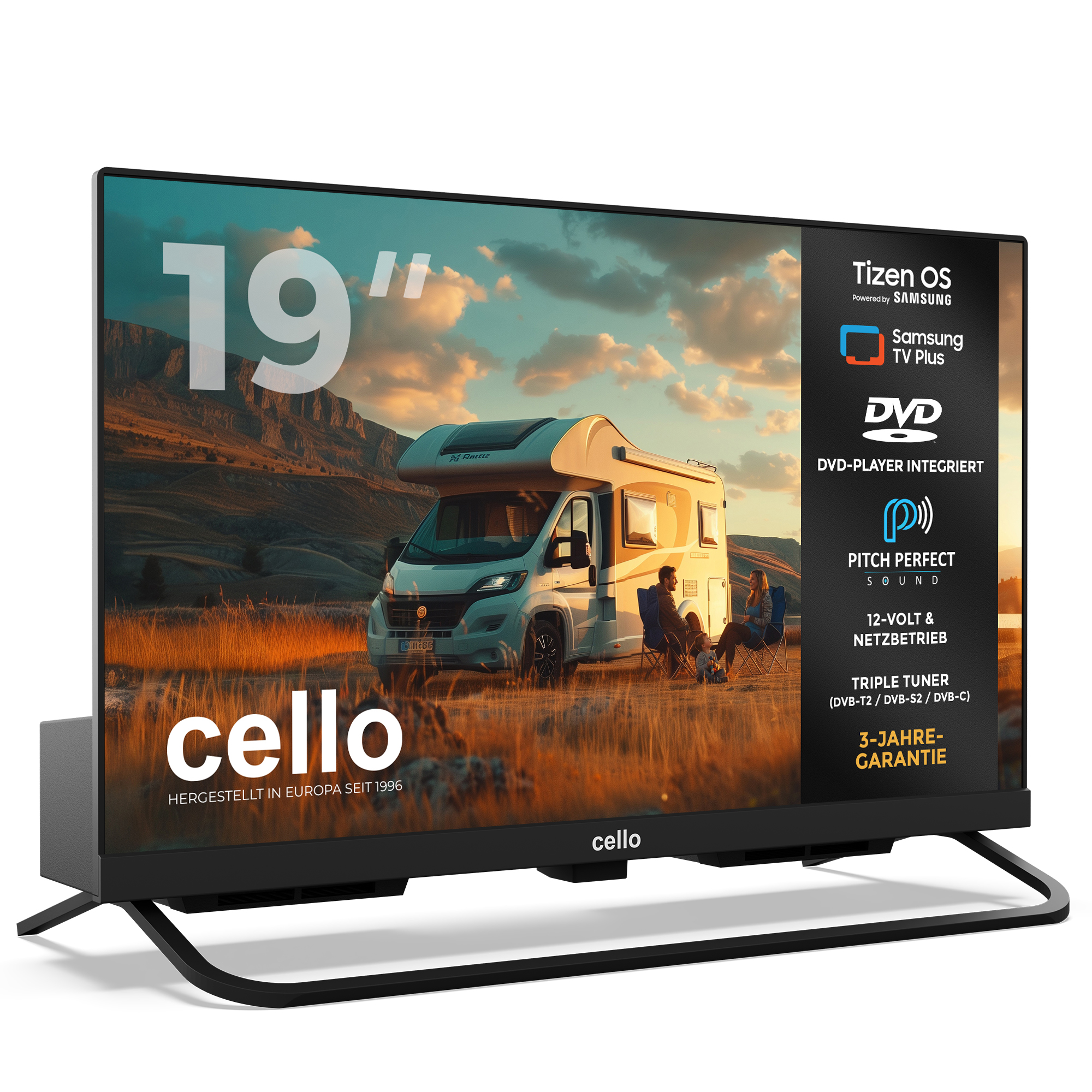 19-Zoll-Fernseher mit Wohnmobil-Szene, Tizen OS, DVD-Player und 3-Jahres-Garantie.