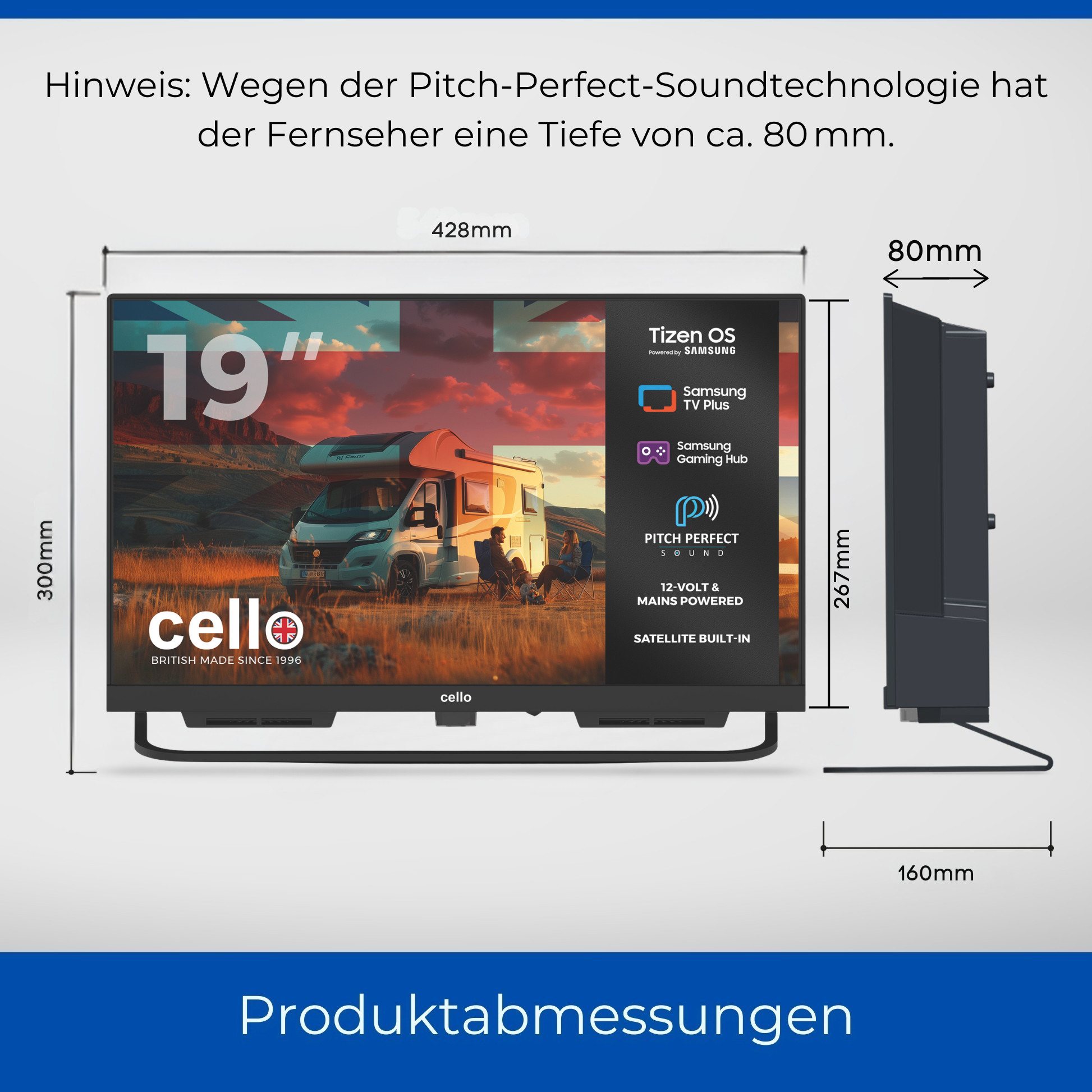 19-Zoll-Fernseher mit Maßen 428x267x80mm, zeigt Wohnmobil-Szene.