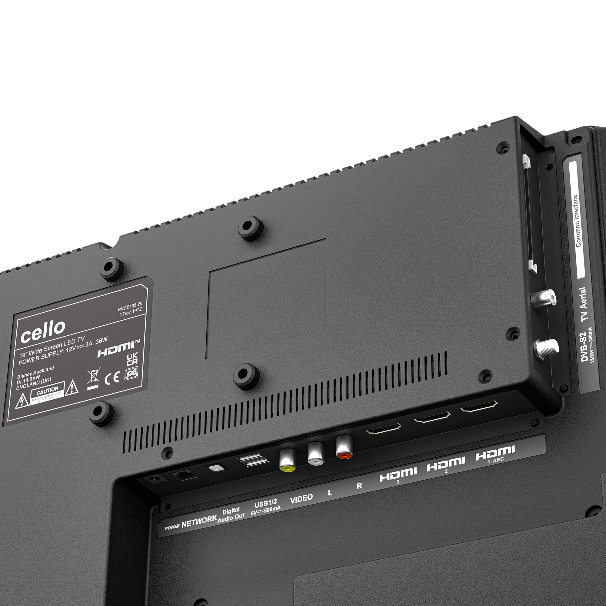 Rückseite eines Fernsehers mit Anschlüssen: HDMI, USB, Video, Netzwerk.