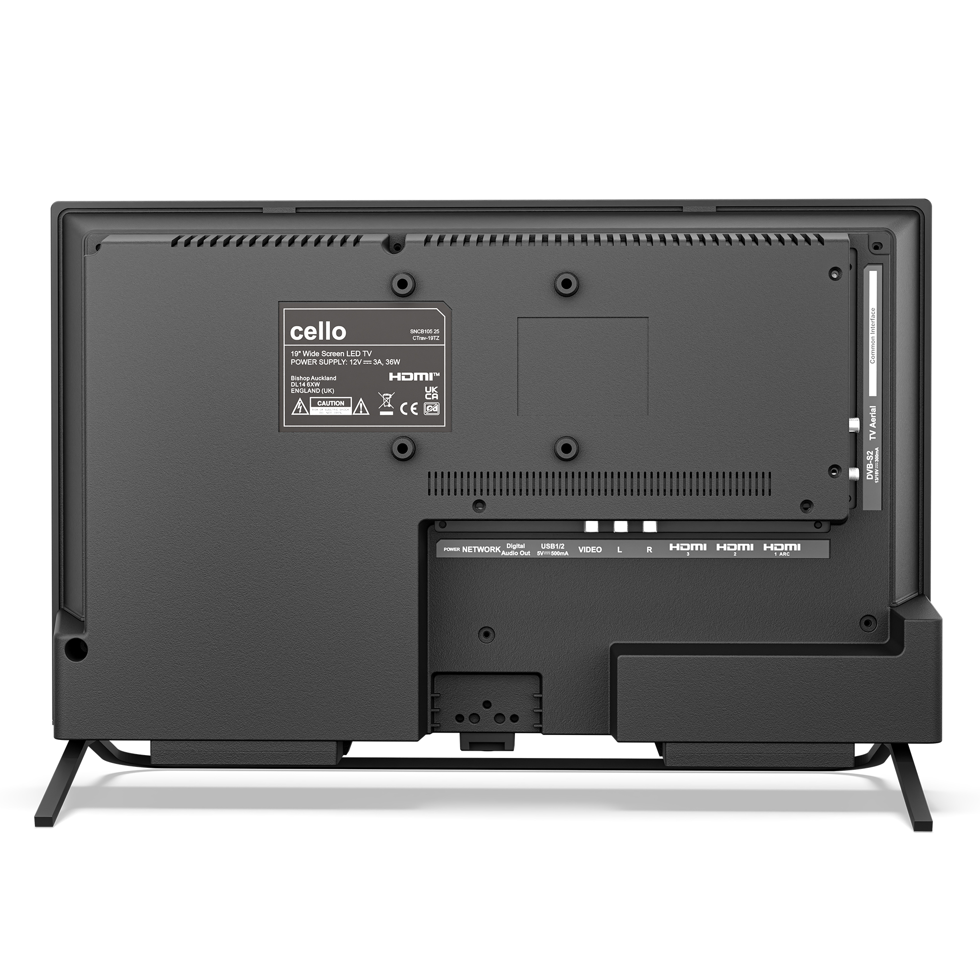 Rückseite eines schwarzen 19-Zoll-LED-Fernsehers mit Anschlüssen und Beschriftungen.
