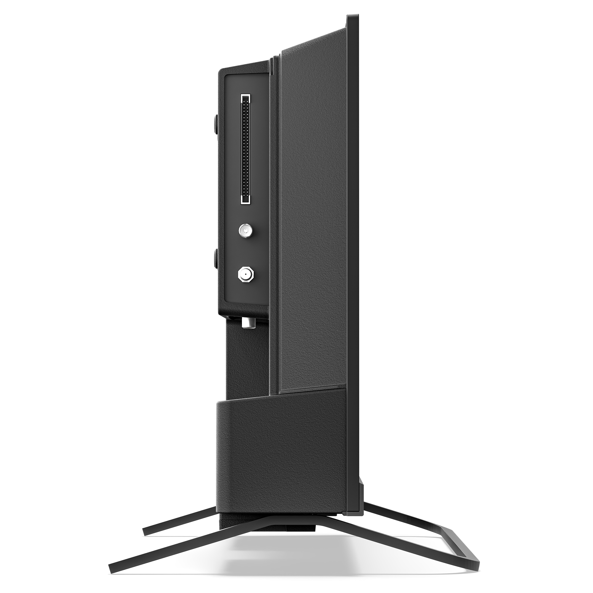Schwarzer Fernseher von der Seite mit Anschlüssen und Standfuß.
