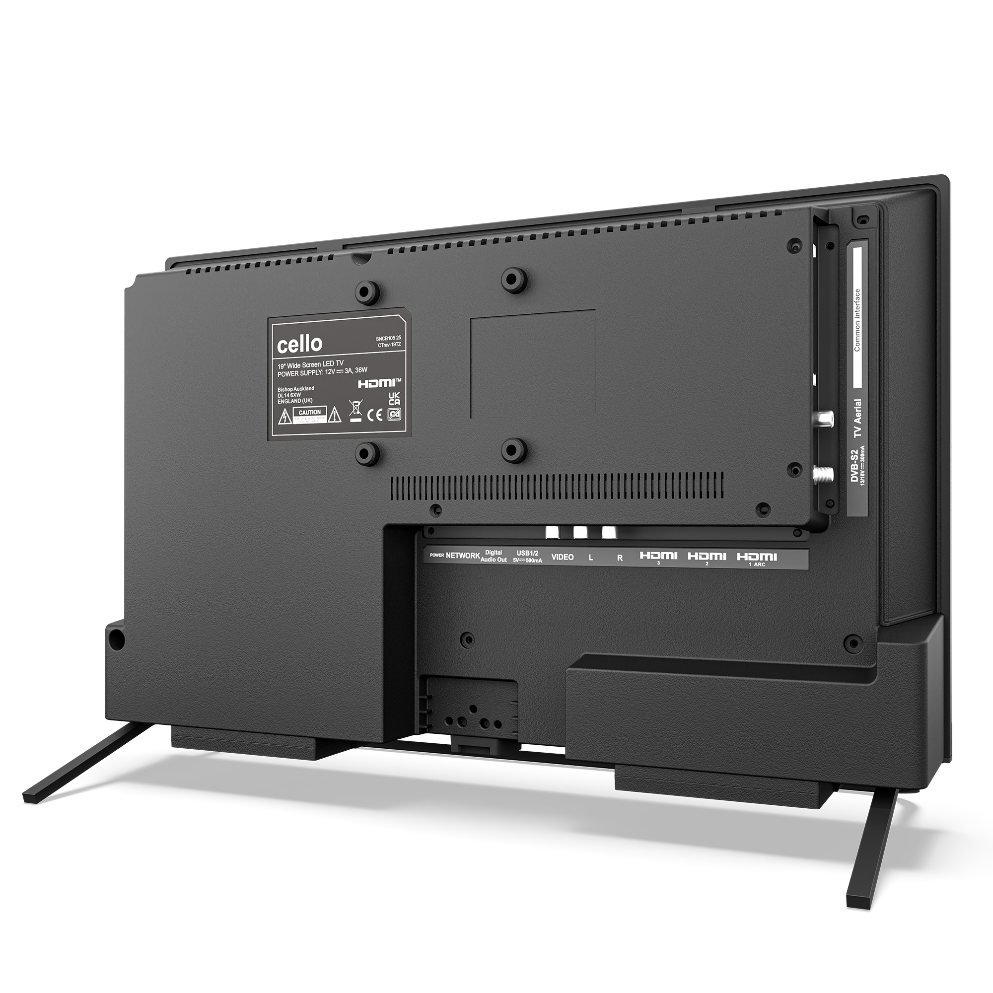 Rückseite eines schwarzen Cello 19-Zoll-LED-Fernsehers mit Anschlüssen.