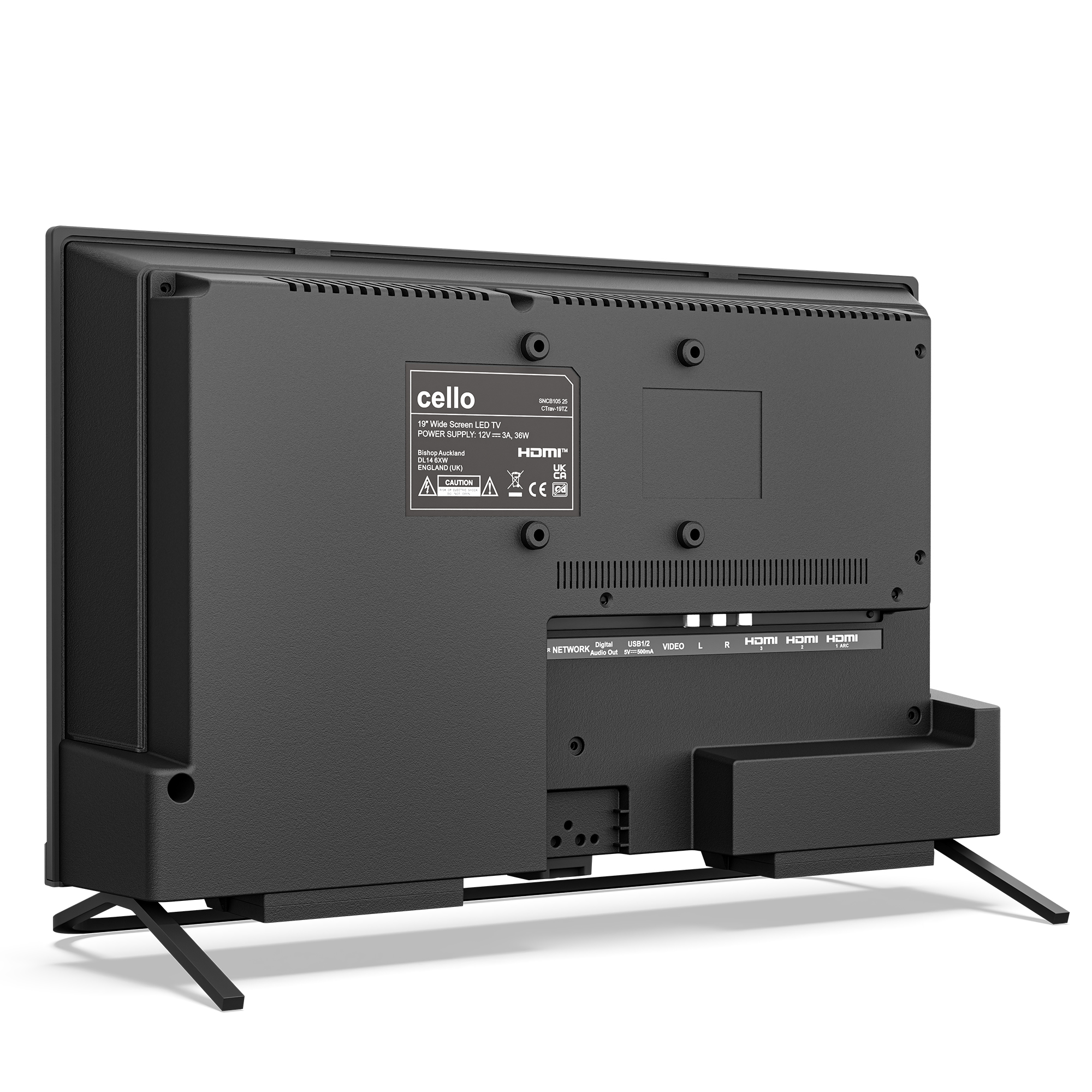 Rückseite eines schwarzen LED-Fernsehers mit Anschlüssen und Etikett.