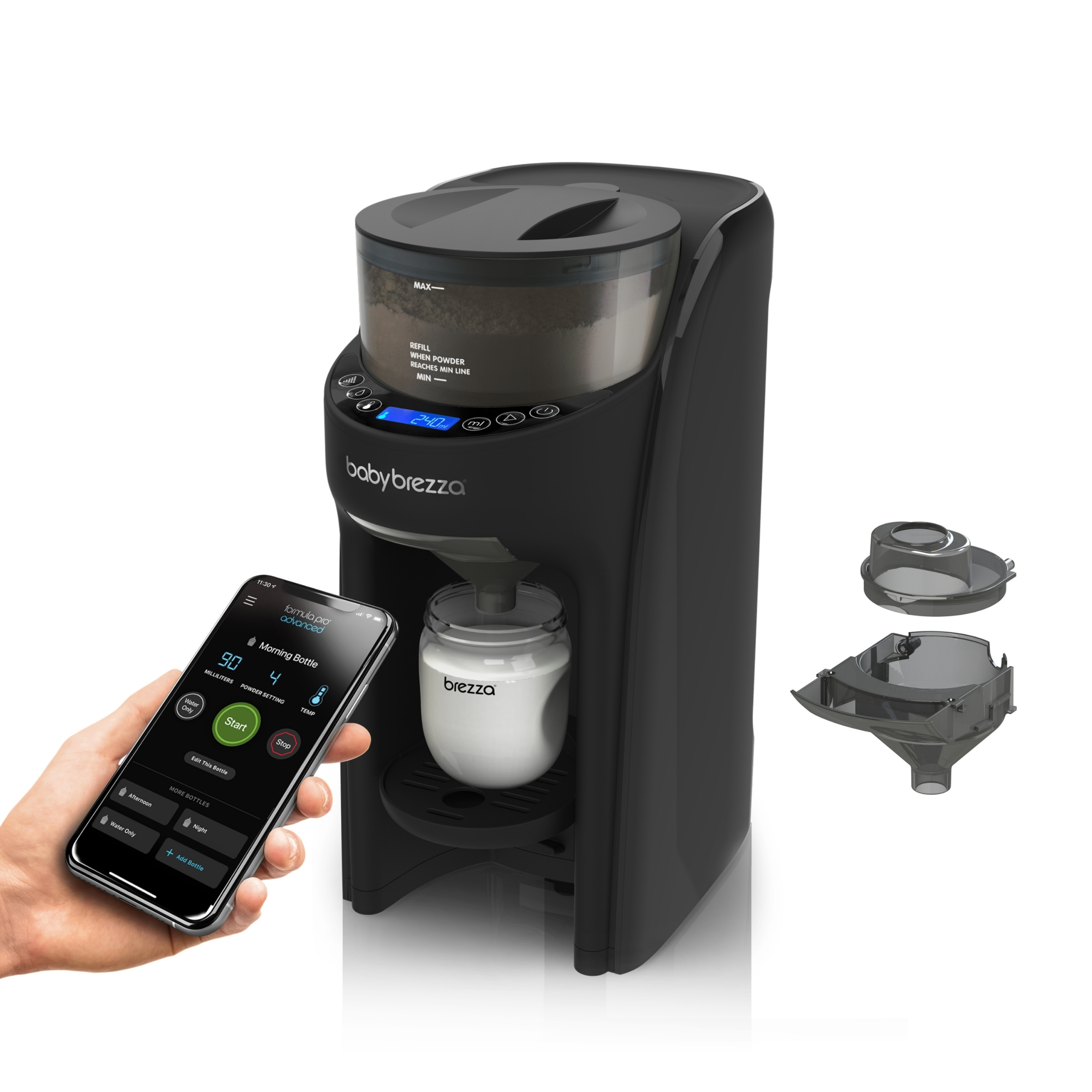 Ein Babybrezza Flaschenzubereiter mit Smartphone-App und separaten Teilen.